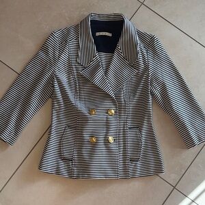 CAbi Navy and White Striped Blazer with Gold Buttons